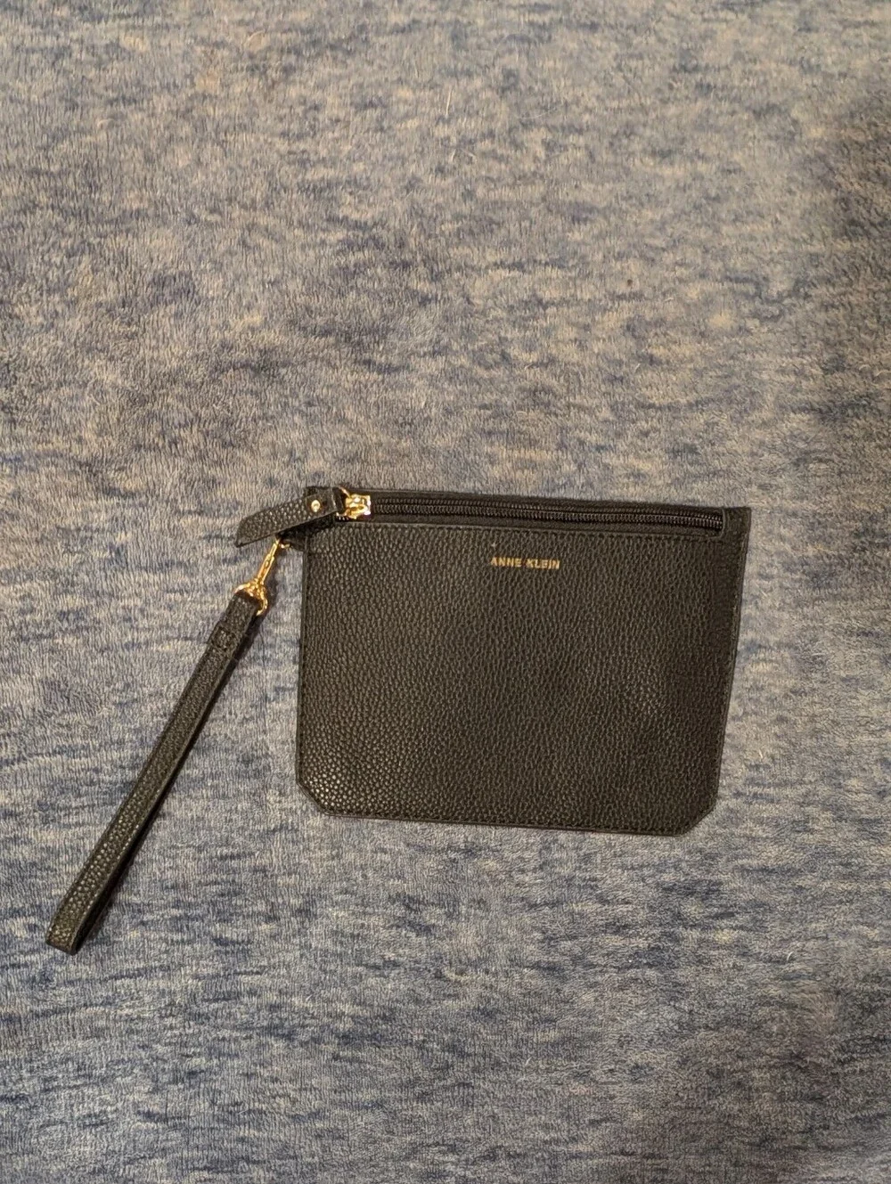 Anne Klein Black Pebbled Leather Wristlet Clutch with Gold Accents